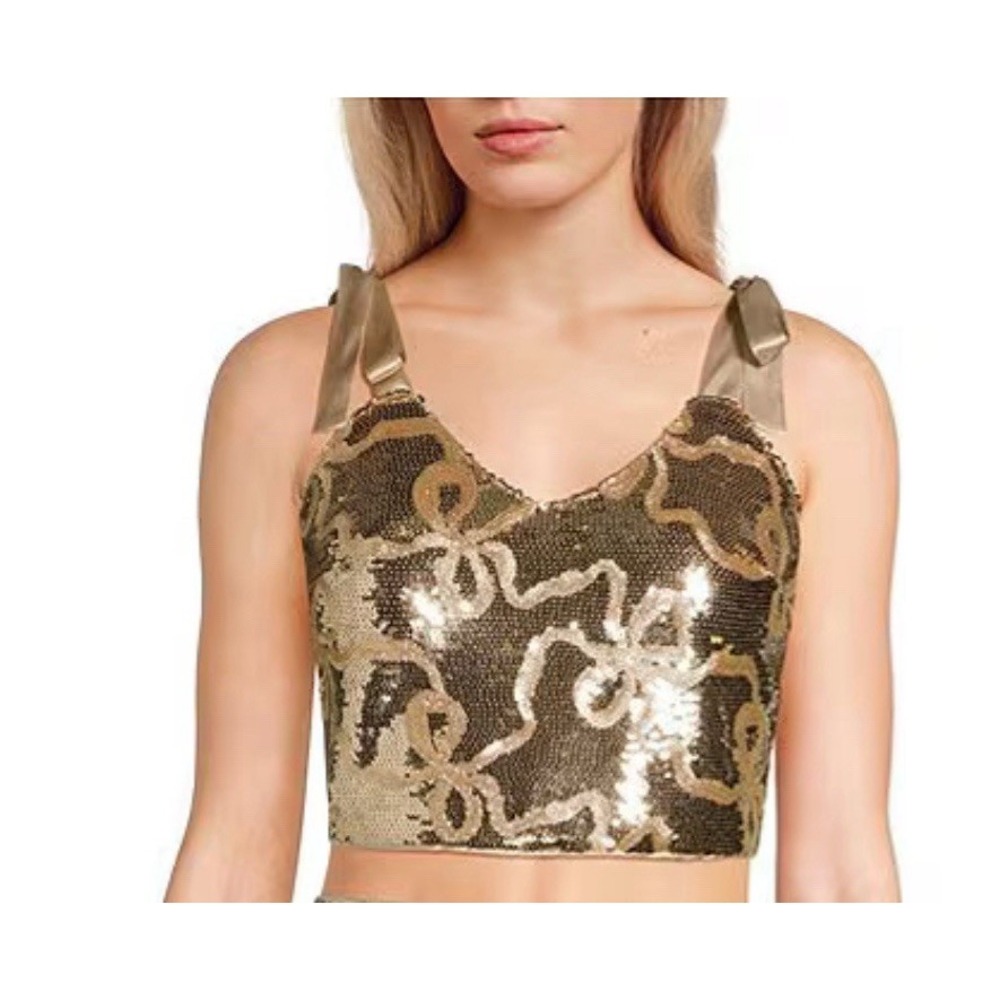 DEE ELLY Cropped Sequin Ribbon Strapped Bows Tie Shoulder V-Neck Size XS Top